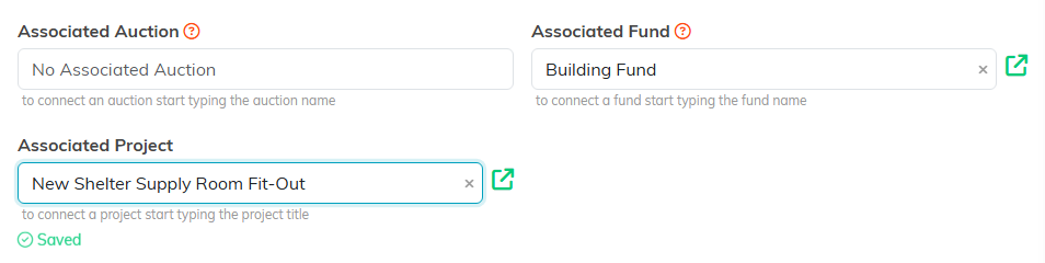 The green Saved check under the Associated Project field after picking a project