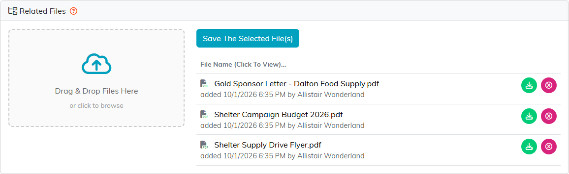 The Related Files panel on a campaign with the upload box and three PDF files listed, each with the date and time it was added and who added it