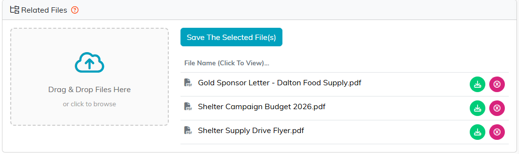 The Related Files panel on a campaign with the upload box and three PDF files listed