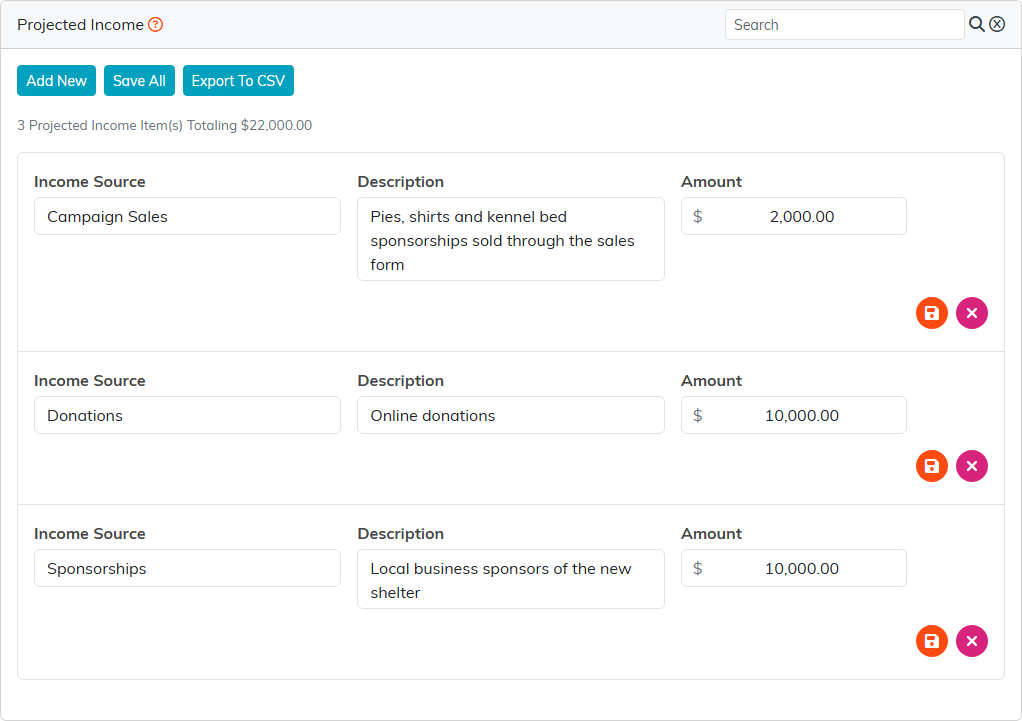 Projected Income with three income lines totaling 22,000 dollars