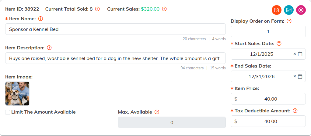 The Sponsor a Kennel Bed item with 8 sold, 320 dollars in sales, its picture, and its price and dates
