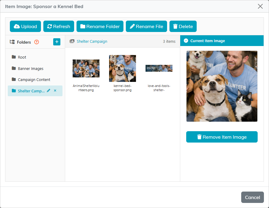 The Item Image window with the Shelter Campaign folder open and the item's current picture on the right