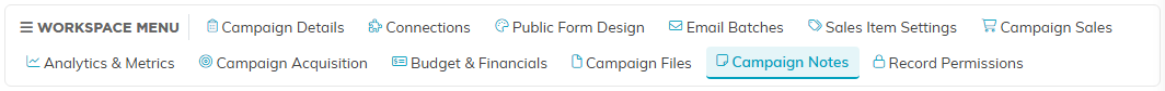 The campaign workspace menu with the Campaign Notes tab selected