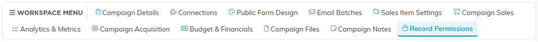 The campaign workspace menu with the Record Permissions tab selected