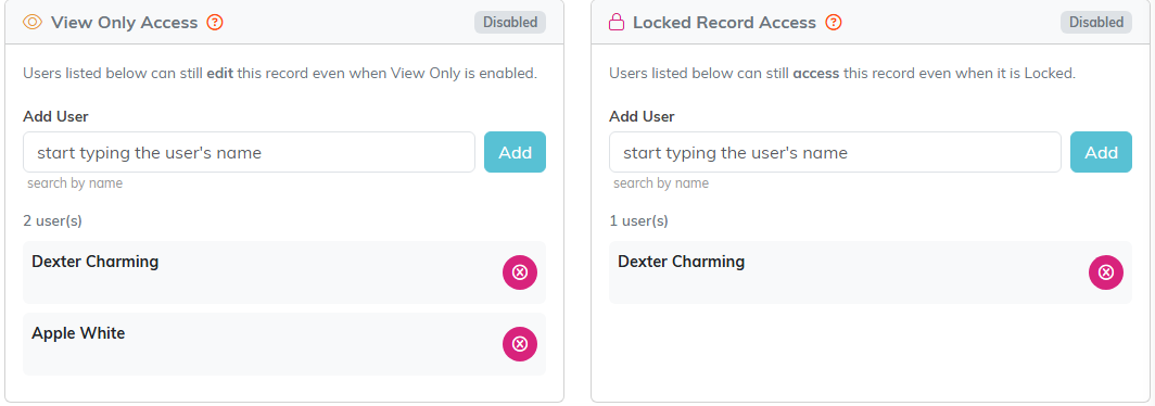 The View Only Access panel with two users and the Locked Record Access panel with one user
