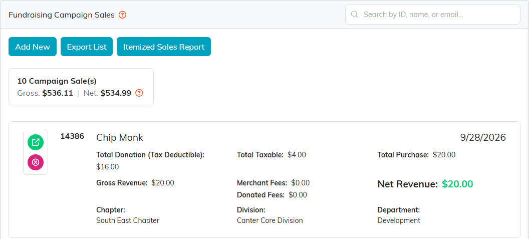 The Campaign Sales list with 10 sales, the gross and net totals, and the newest sale