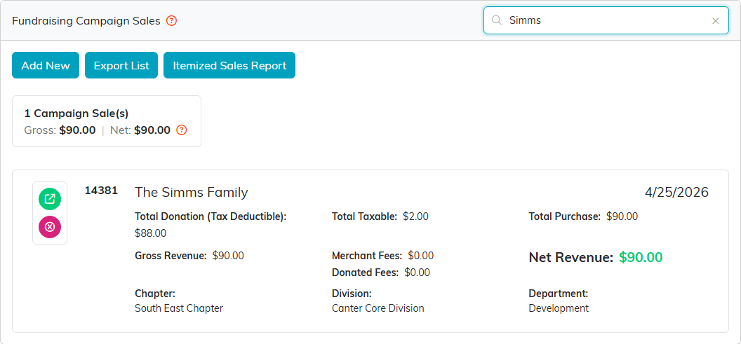 The Campaign Sales list searched for Simms, showing one sale and its own gross and net