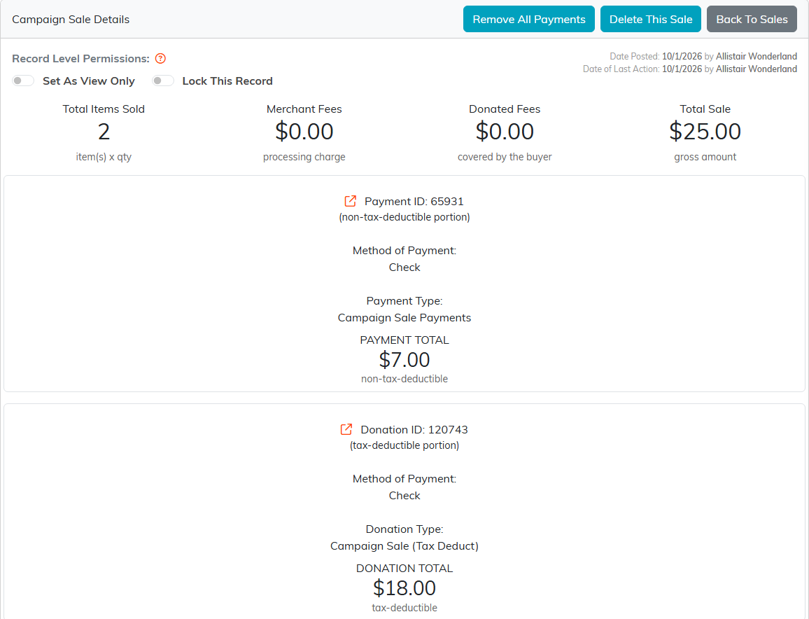 Sale Details for a paid sale, with its totals and the payment and donation it created