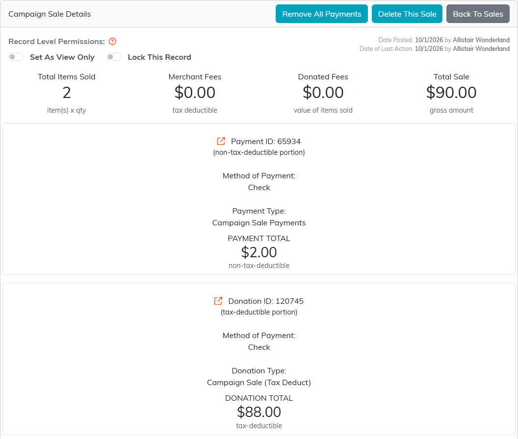 Sale Details for a paid sale, with its totals and the payment and donation it created