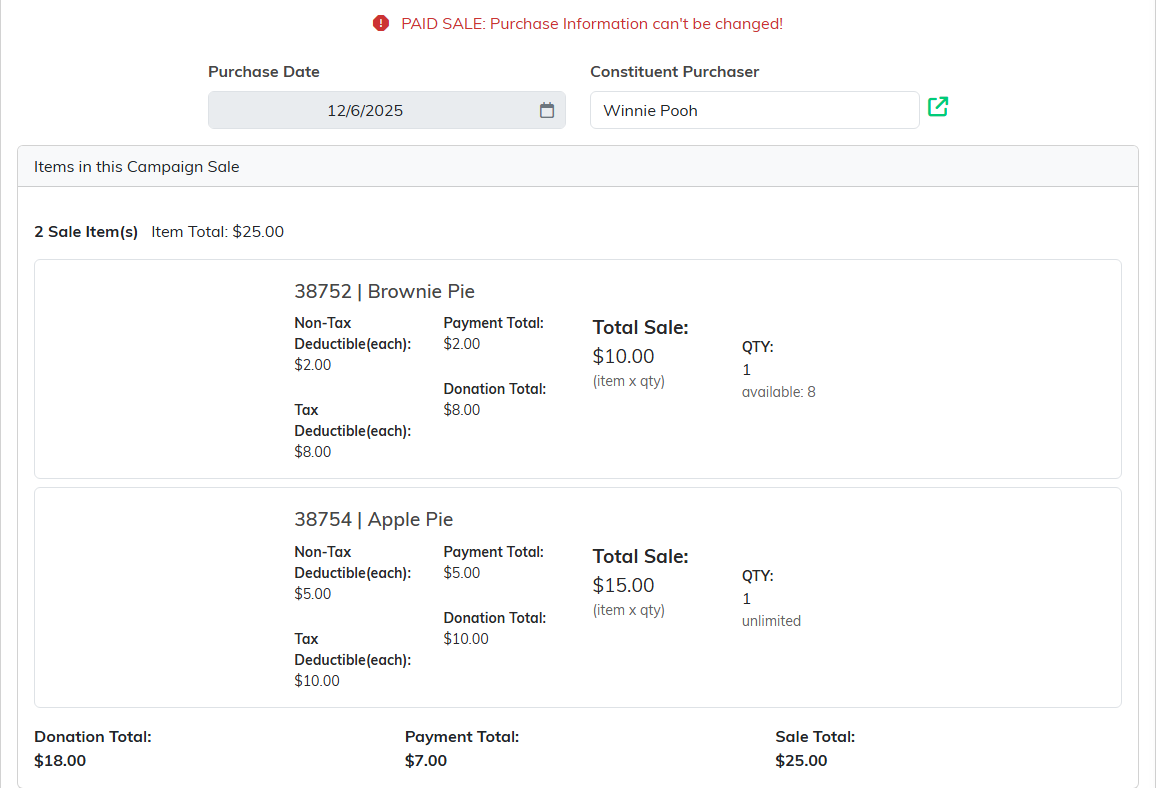 The purchase date, the buyer and the two items on a paid sale
