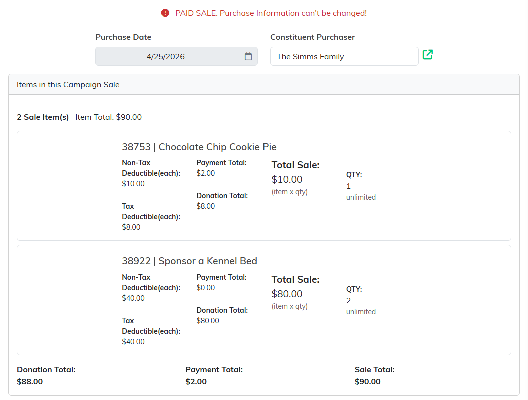The purchase date, the buyer and the two items on a paid sale