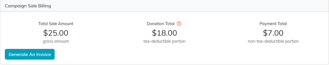 The Campaign Sale Billing tab with the total, the donation total, the payment total and the Generate An Invoice button