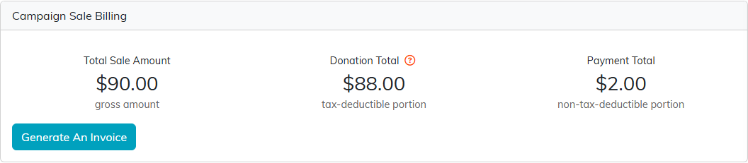 The Campaign Sale Billing tab with the total, the donation total, the payment total and the Generate An Invoice button