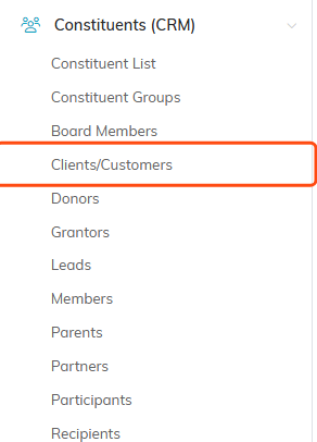 The Constituents (CRM) menu expanded with Clients/Customers highlighted