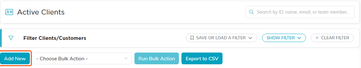 The Active Clients page header with the Add New button highlighted