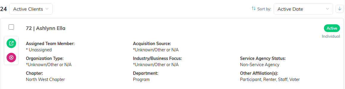 A client card in the list showing assigned team member, organization type and chapter