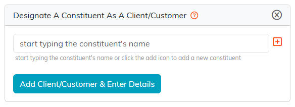 The Designate A Constituent As A Client/Customer panel with the name search box