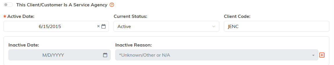 The Service Agency switch with the Active Date, Current Status and Client Code fields