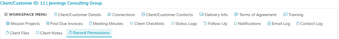 The Client/Customer Workspace menu showing every tab available on the record