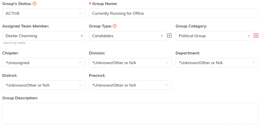 Constituent Group Details with Group's Status, Group Name, Assigned Team Member, Group Type, Group Category, the organization fields and Group Description