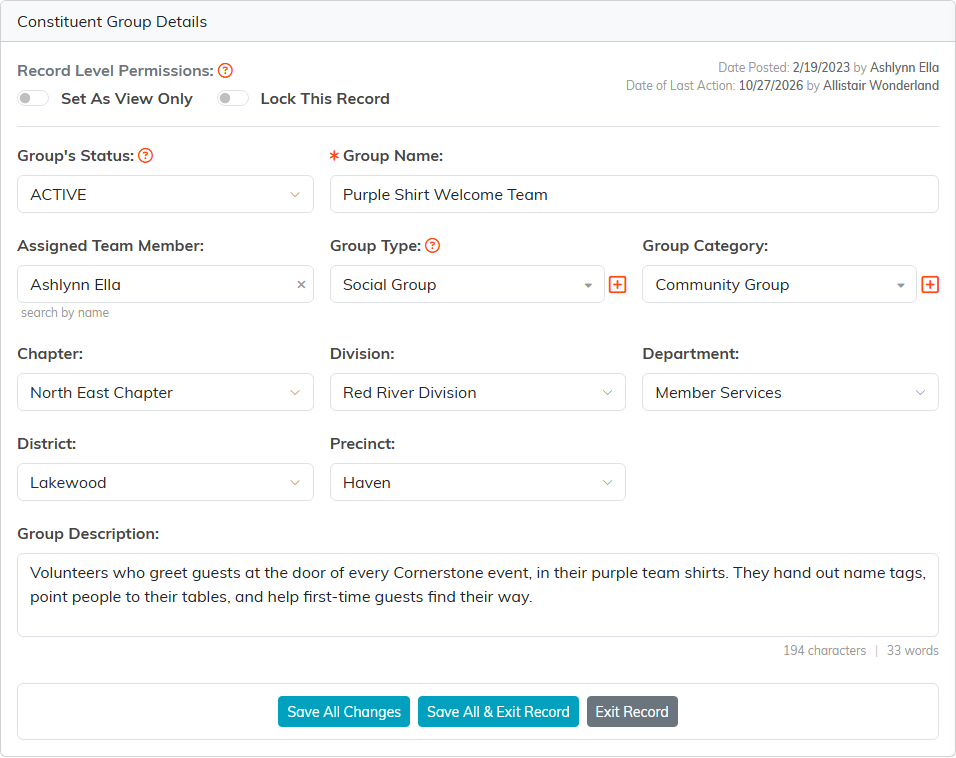 Group Details with the View Only and Lock switches, Group's Status, Group Name, Assigned Team Member, Group Type, Group Category, the organization dropdowns and Group Description