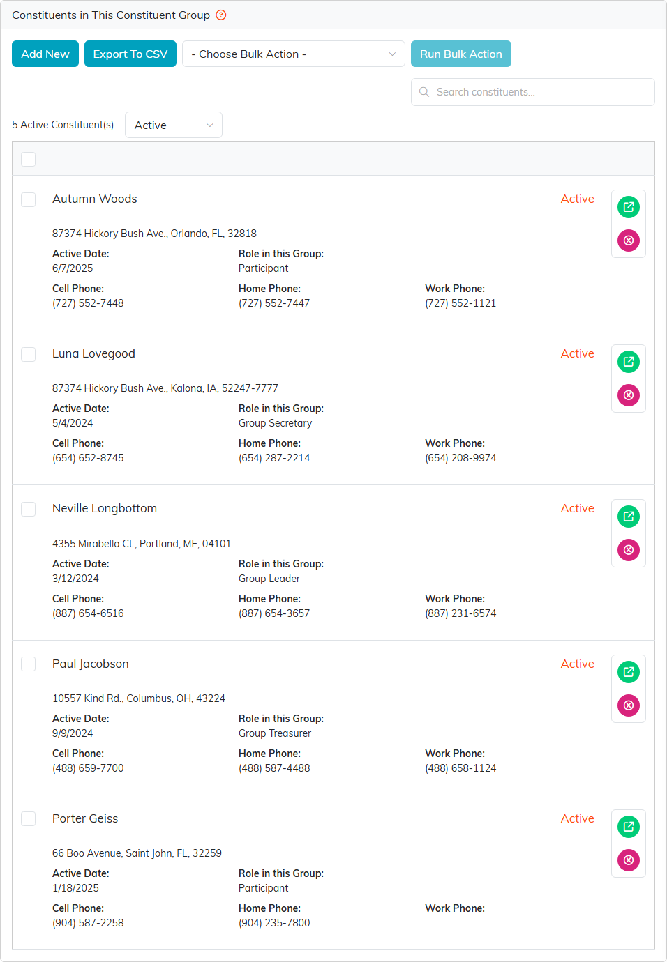 Constituents In This Group with Add New, Export To CSV, the bulk actions, the Active filter and member cards showing Active Date and Role in this Group