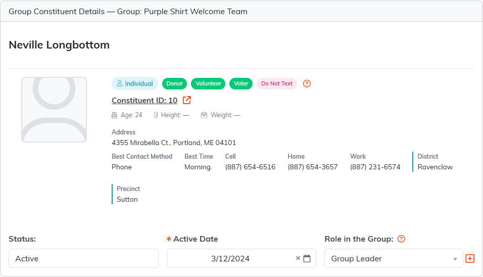 A group membership showing the person's details above Status, Active Date and Role in the Group