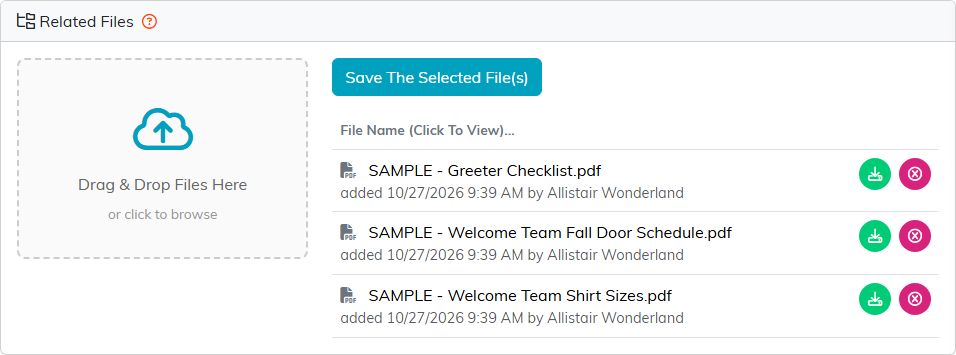 Related Files with the drag and drop box, Save The Selected File(s), and three saved files with download and delete buttons