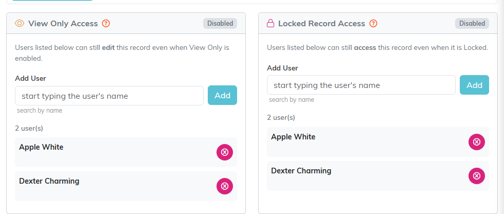Record Permissions with the View Only Access and Locked Record Access panels, each listing two users