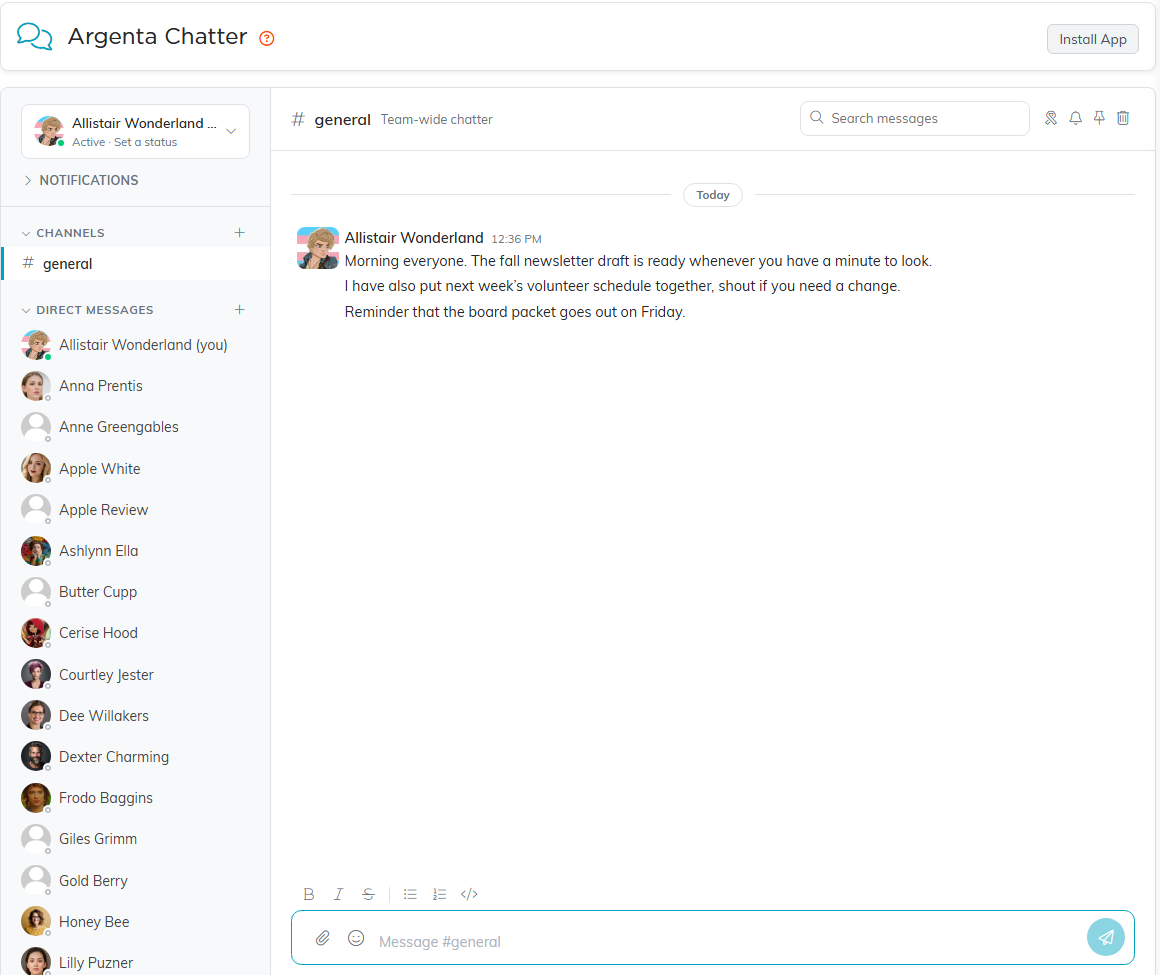 The Chatter screen with the sidebar on the left and the general channel open