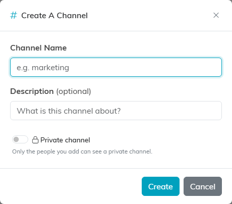 The Create A Channel window with name, description and a private channel switch