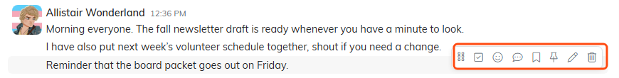 A message with its hover toolbar highlighted, showing react, reply, save, pin, edit and delete