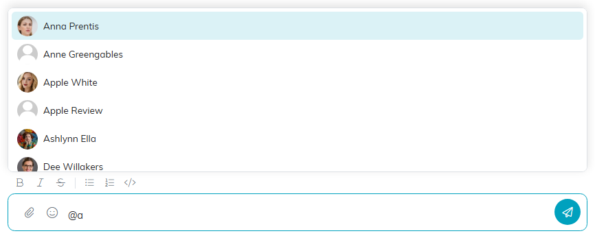 The mention list open above the message box after typing the at sign