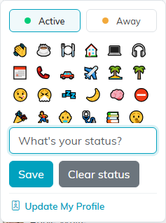 The status menu with Active and Away, the status emoji, a status box and Update My Profile