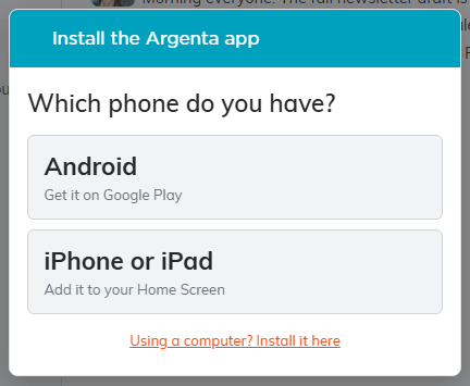 The Install the Argenta app window asking which phone you have