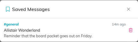 The Saved Messages window listing a saved message with the channel it came from