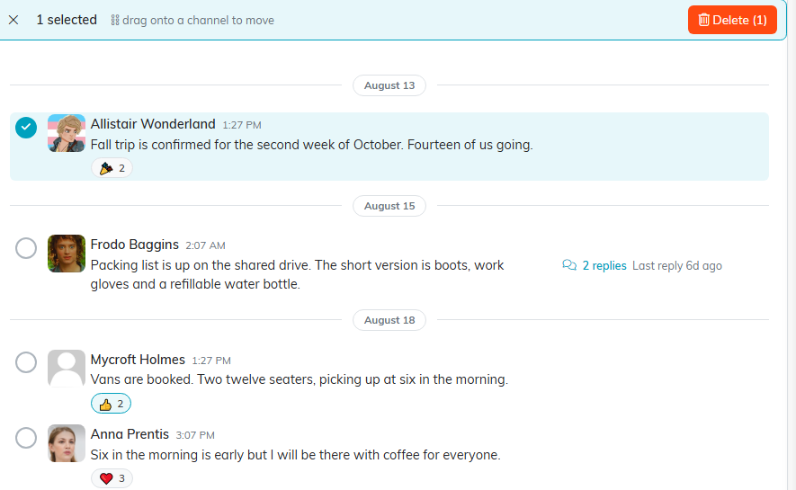 Chatter in selection mode, with a circle beside every message, one message selected, and a bar showing the count, a Delete button and a hint to drag onto a channel