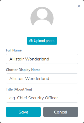 The Chatter profile editor with Upload photo, a greyed-out Full Name, Chatter Display Name and Title (About You)