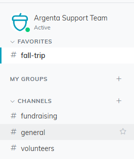 The Chatter sidebar with a starred channel under Favorites, below the pinned Argenta Support Team, and the star showing on a channel row