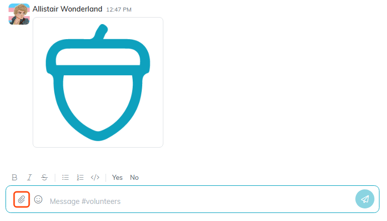 A picture posted in a Chatter channel, with the paperclip button in the message box outlined