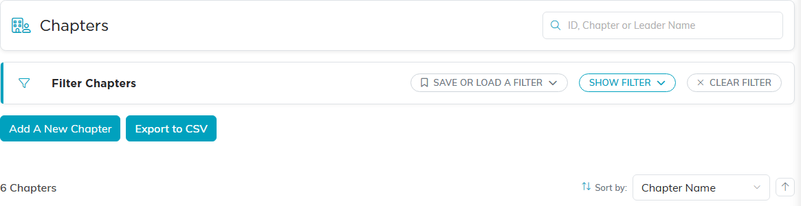 The Chapters list header with the search box, the Filter Chapters bar, the Add A New Chapter button, Export to CSV, and the chapter count