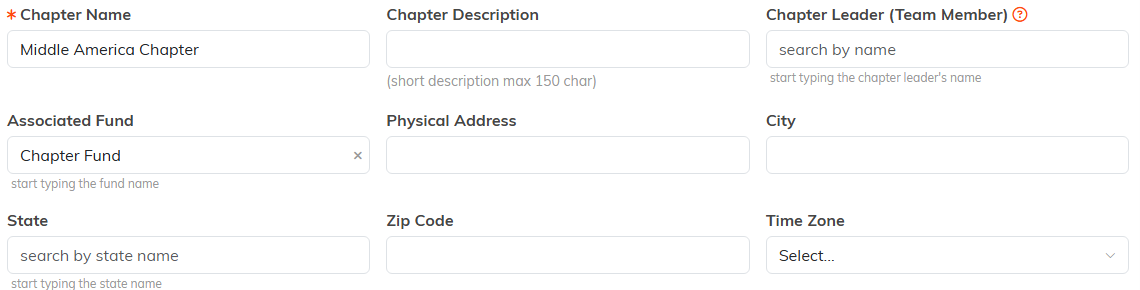 Chapter Details fields: Chapter Name, Chapter Description, Chapter Leader, Associated Fund, Physical Address, City, State, Zip Code, and Time Zone