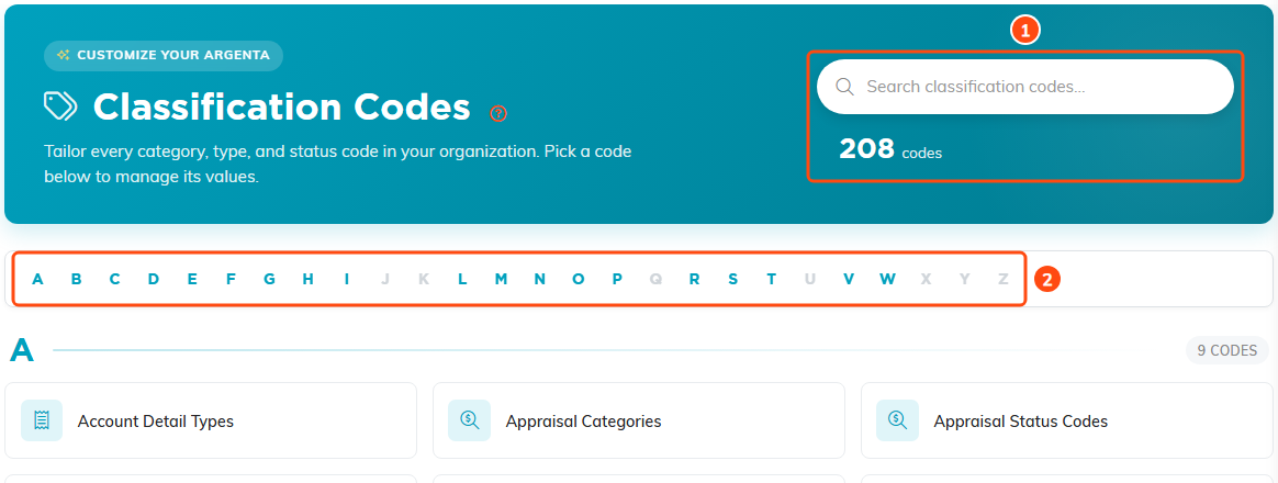 The Classification Codes page showing the search box with a count of codes, the A to Z bar, and the first row of code tiles