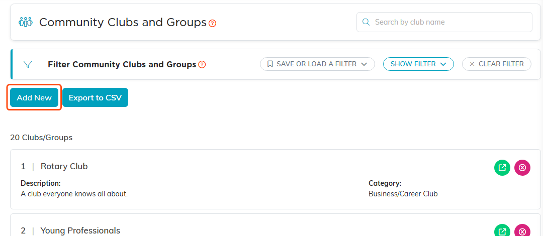 The Community Clubs and Groups list with the Add New button boxed