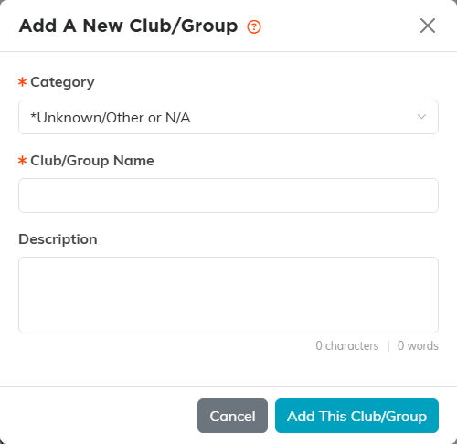The Add A New Club/Group window with Category, Club/Group Name and Description, and the Add This Club/Group button