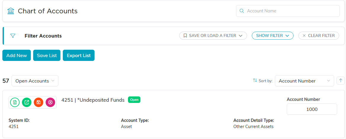 The Chart of Accounts list