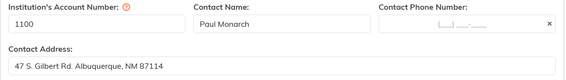 Institution's Account Number, Contact Name, Contact Phone Number and Contact Address fields