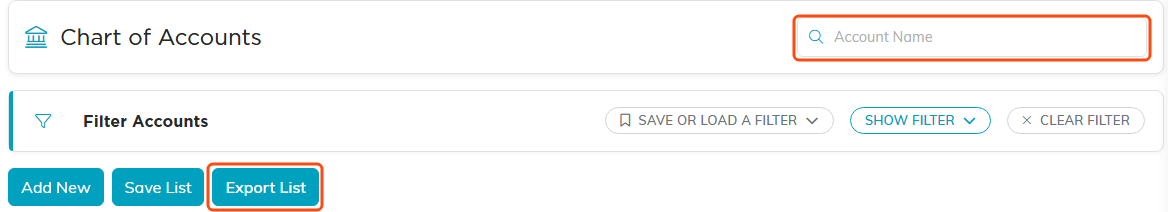 The Account Name search box and the Export List button