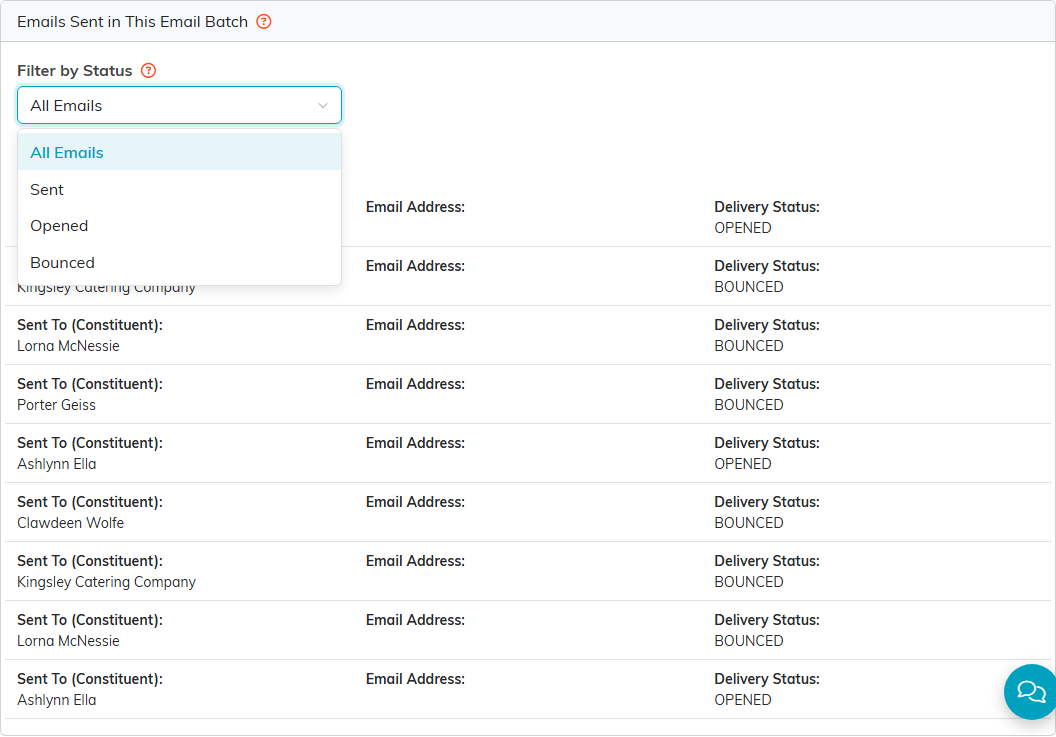 The Emails page of an email batch with the Filter by Status list open, showing All Emails, Sent, Opened and Bounced, beside a Delivery Status column reading OPENED and BOUNCED