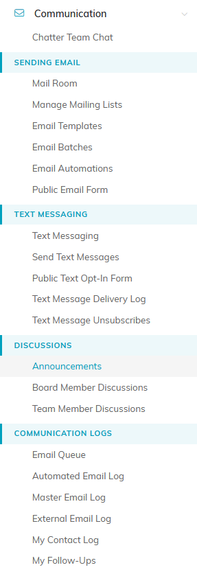 The Communication section of the left menu, expanded to show Manage Mailing Lists